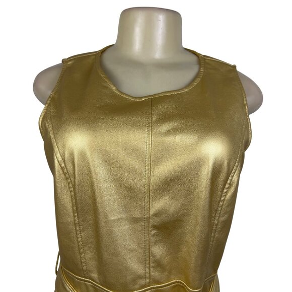 Fashion Collection Gold Faux Leather Sleeveless A-Line Midi Dress Belted Sz M - Picture 5 of 11